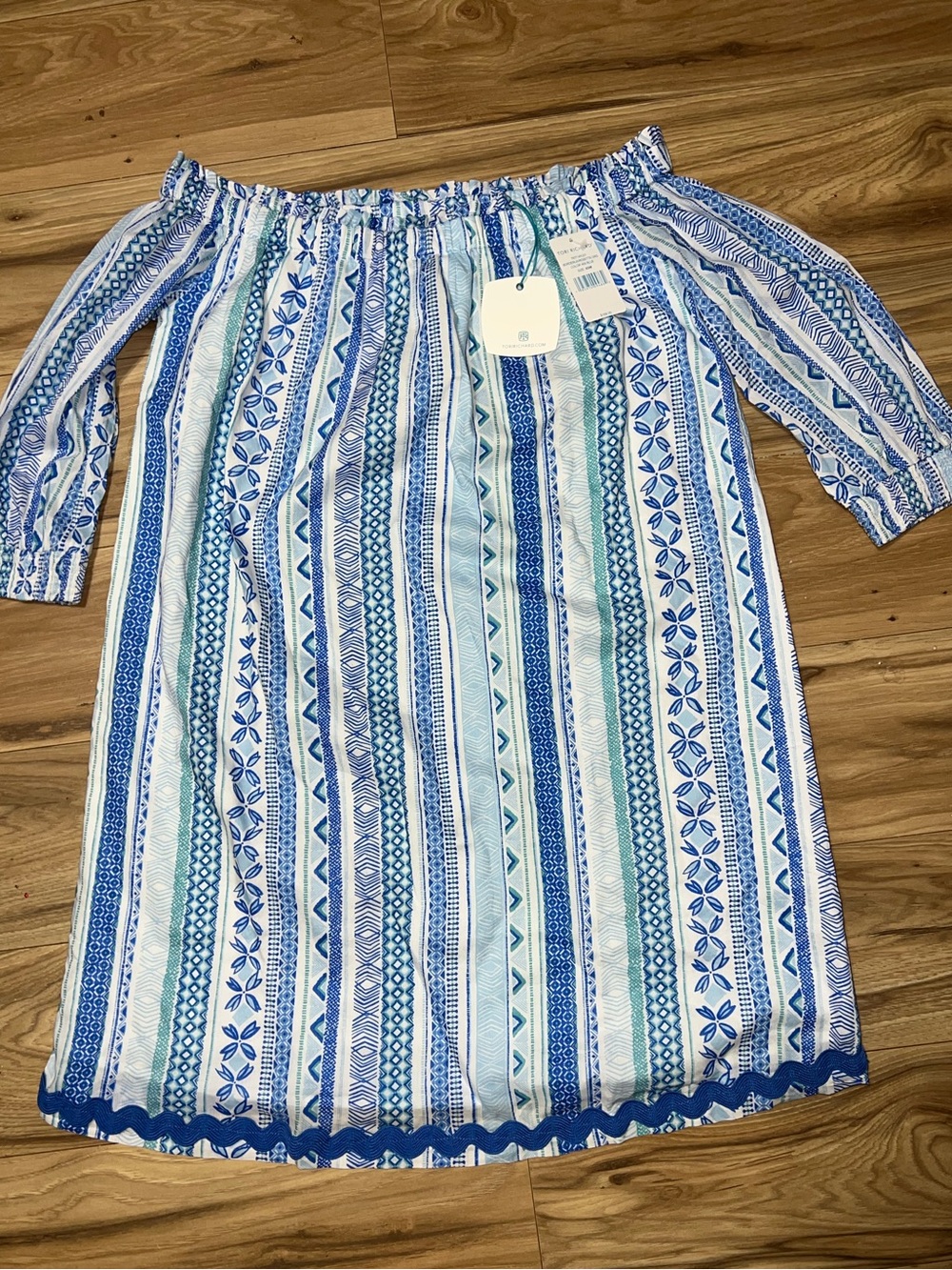 Tori Richard Blue & White Off-Shoulder Stripe Print Dress